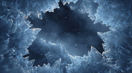 Jagged ice crystals frame a hazy dark void, creating a captivating, wintery atmosphere