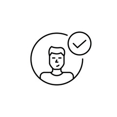 Young male user with checkmark, verified access, secure profile. Pixel perfect, editable stroke vector icon