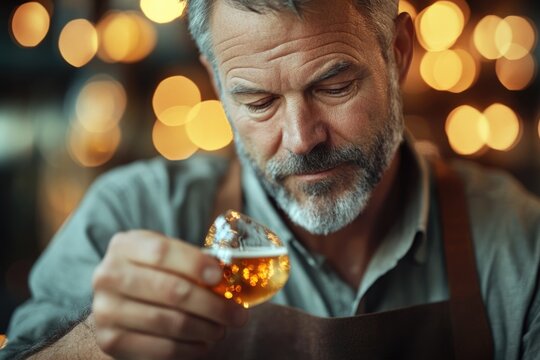 A skilled man with a grey beard intently examines a small glass of amber liquid, possibly craft beer or whiskey, in a cozy, softly lit bar with bokeh lights.
