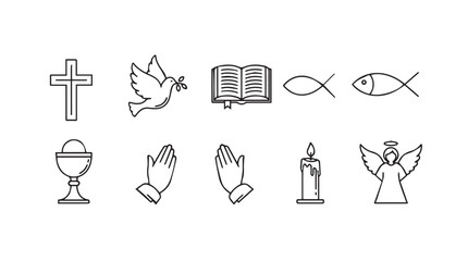 Set of religious icons christian symbols prayer holy communion dove cross bible fish angel candle worship vector