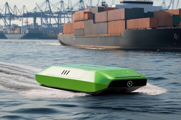 Innovative green delivery drone navigating near busy shipping port
