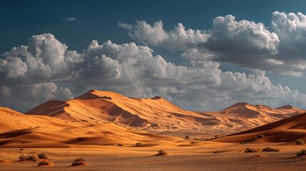 Vast desert landscape under a dynamic, cloud-filled sky, with rolling sand dunes and arid terrain
