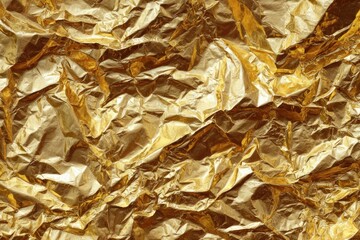 Golden crumpled foil texture, abstract background, shiny surface, metallic effect, luxury design.