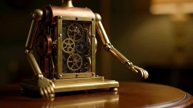 Antique clockwork robot interacting with mechanical precision on wooden surface