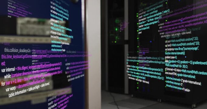 Camera opening close-up floating code panels over server rack, panning right visualizing code flow