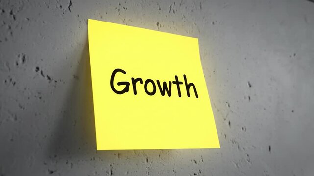 Bright Yellow Sticky Note on Gray Wall Symbolizing Growth, Motivation, and Progress in Office Development for Enhanced Visual Appeal and Workspace Inspiration