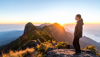 Adult experiencing serene awe at dawn breath visible with mountain haze in the distance contemplative outdoor portrait for travel wellness lifestyle and inspiration