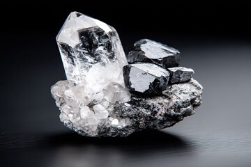 Crystal quartz cluster with black metallic mineral on rough matrix