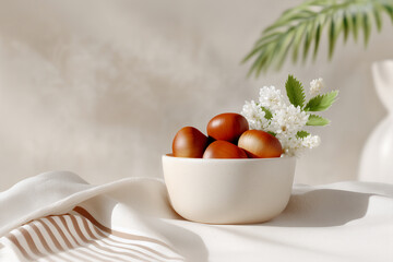 Fresh chestnuts in ceramic bowl with white blossoms on soft fabric backdrop