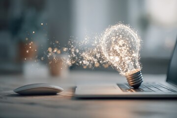 Glowing lightbulb formed of particles floating above a laptop keyboard, on a wooden desk