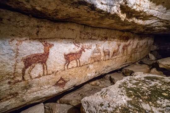 Ancient Cave Paintings Depicting Deer and Other Animals.