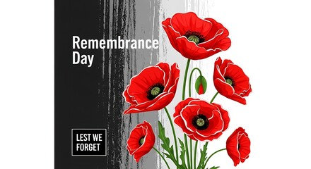 Solemn and respectful illustration for Remembrance Day, featuring vibrant red poppy flowers symbolizing peace and honoring the sacrifices made