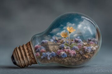 A captivating exploration of nature encapsulated within a lightbulb showcasing vibrant yellow flowers and colorful moss creating a surreal beauty of life and innovation