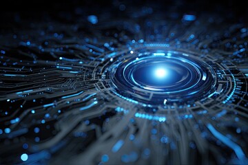 Abstract rendering of a futuristic digital circuit, glowing center, interconnected lines, blue light