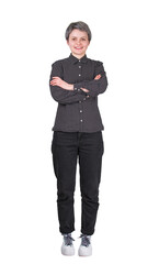 Full length portrait of successful young woman, looking positive and confident to camera keeps arms folded isolated on transparent background