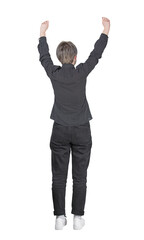 Rear view full length portrait of successful young woman raising hands up celebrating an achievement. Contented female isolated on transparent background