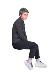 Side view full length fatigue seated woman looks disappointed to camera. Tired female sitting alone feeling displeased isolated on transparent background