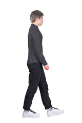 Side view full length portrait of a carefree woman walking relaxed isolated on transparent background. Young female profile silhouette solling, makes a step, studio shot