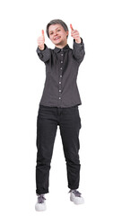 Full length portrait of a joyful woman showing both thumbs up, positive gesture, isolated on transparent background