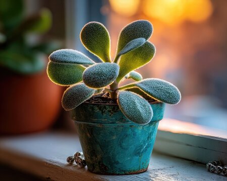 Succulent Plant In Teal Pot With Dew Drops