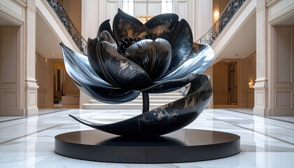 Gleaming dark flower sculpture in grand staircase hall