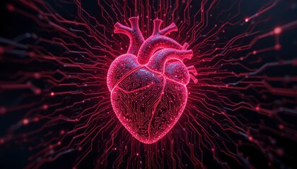 A digital heart glows red, surrounded by a network of interconnected lines, symbolizing the future of medicine and technology in healthcare