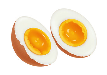 Two halves of a hard-boiled egg isolated PNG, healthy breakfast food with orange yolk and egg white on transparent background