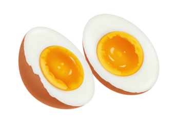 Two halves of a hard-boiled egg isolated PNG, healthy breakfast food with orange yolk and egg white on transparent background