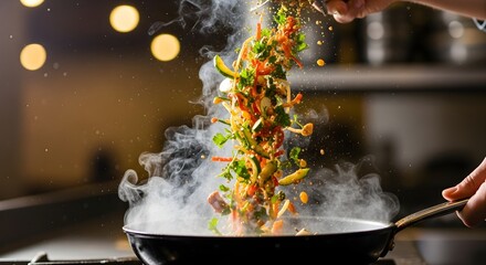 4k slow motion shot of a chef tossing colorful mixed vegetables in a pan, creating a burst of steam and ingredients against a blurred background with warm lighting.