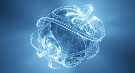 Intricate glowing blue abstract sphere made of intertwined luminous lines, on a soft blue background