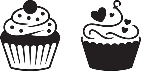 Minimalist Black and White Cupcake Icon Set with Frosting Design