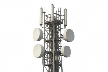 Telecommunication tower featuring antenna and satellite dishes, providing wireless signal and mobile communication network for future 5g. Transparent background
