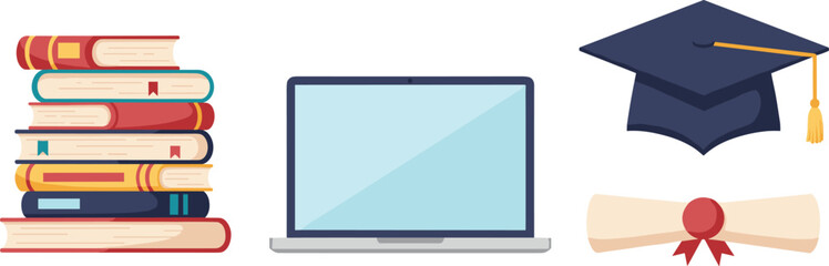 Books stack, laptop, graduation cap, diploma scroll, education and online learning concept for school university success, vector illustration