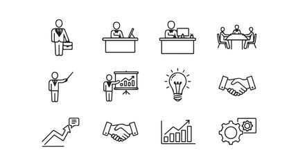 Set of hand drawn business icons representing meetings strategy growth innovation and teamwork vector