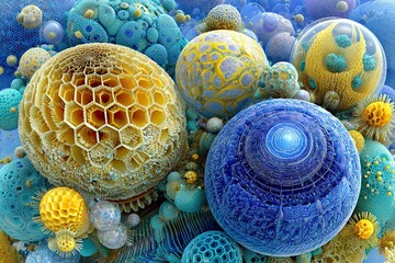 Spheres of intricate cell-like structures in blue, gold, and white