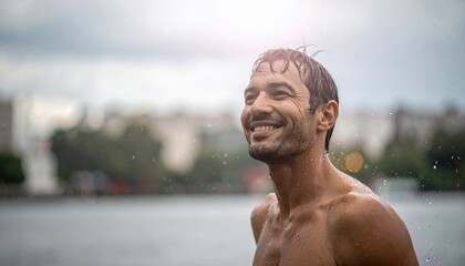 Adult expressing candid joy in rain droplets on hair and cheeks overcast sky acting as softbox outdoor portrait for lifestyle wellness travel and seasonal campaigns