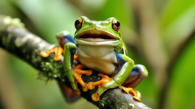 Vibrant red eyed tree frog perched on mossy branch, ready to leap into action with striking blue and orange accents