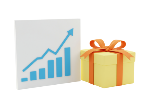 Yellow gift box with orange ribbon and blue growth chart isolated, business success concept in PNG format for marketing and sales