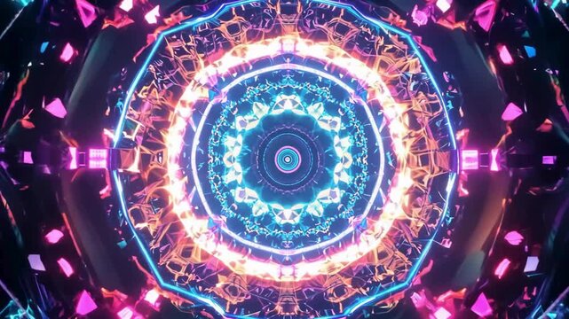 A vibrant and psychedelic motion graphic of a colorful kaleidoscope pattern expanding and pulsating, creating a mesmerizing and abstract background