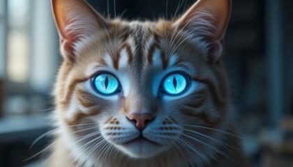A mesmerizing closeup of a cat with piercing blue eyes, radiating an otherworldly glow, capturing the essence of feline mystique and beauty