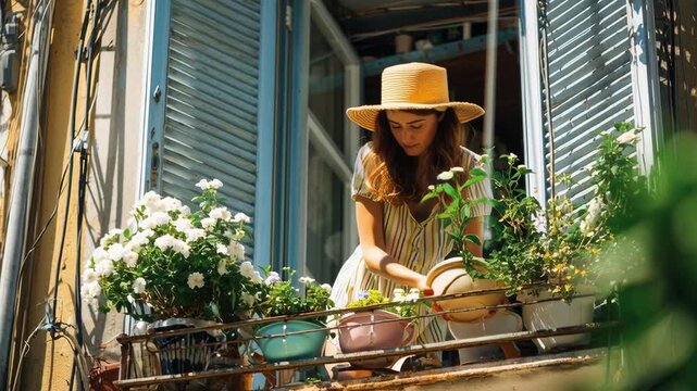 a young woman tending to pastel flower pots on a sunny balcony, wearing a straw hat