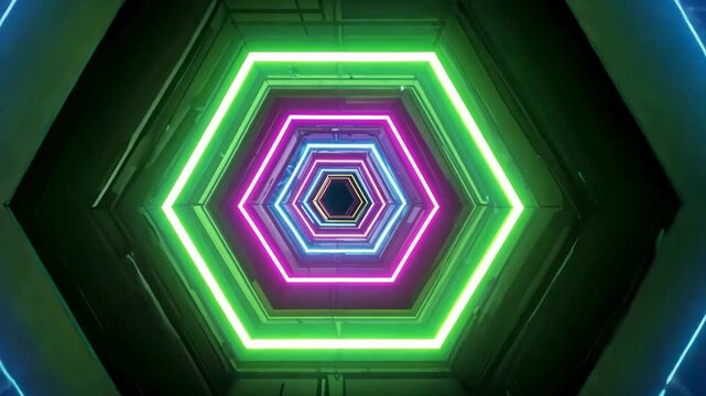 A futuristic and mesmerizing tunnel of glowing, multi-colored neon hexagon frames, creating a dynamic and abstract visual journey through a cyberpunk space