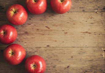 Ripe red apples on wooden table. Top view with copy space