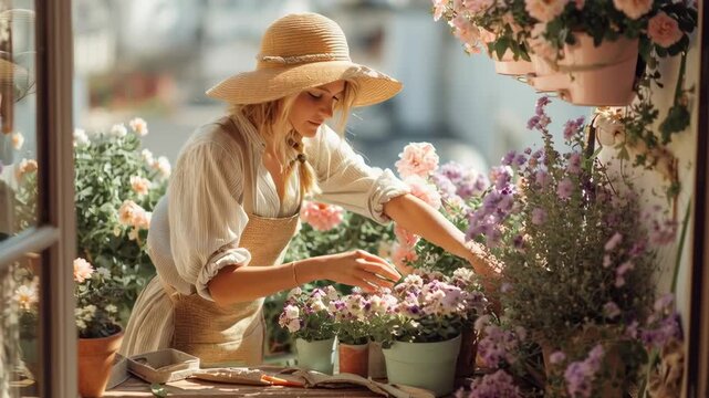 a young woman tending to pastel flower pots on a sunny balcony, wearing a straw hat