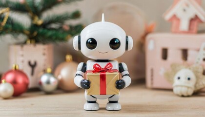 A cute little robot holding a gift. The concept of New Year and Christmas
