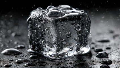 Single Ice Cube Melting on Black Surface with Water Droplets Close Up
