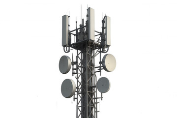 Cell tower transmitting wireless communication signals by 5g antenna network on transparent background