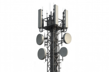 Cell tower transmitting wireless communication signals by 5g antenna network on transparent background