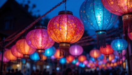 A captivating display of vibrant chinese lanterns illuminating the night sky, creating a festive and enchanting atmosphere with their colorful glow