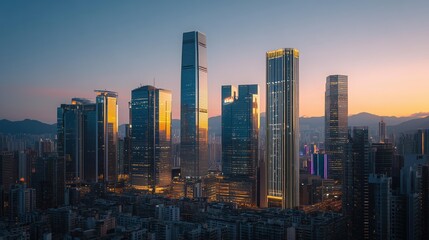 A breathtaking city skyline at sunset, showcasing modern skyscrapers reflecting golden hues against a twilight sky.